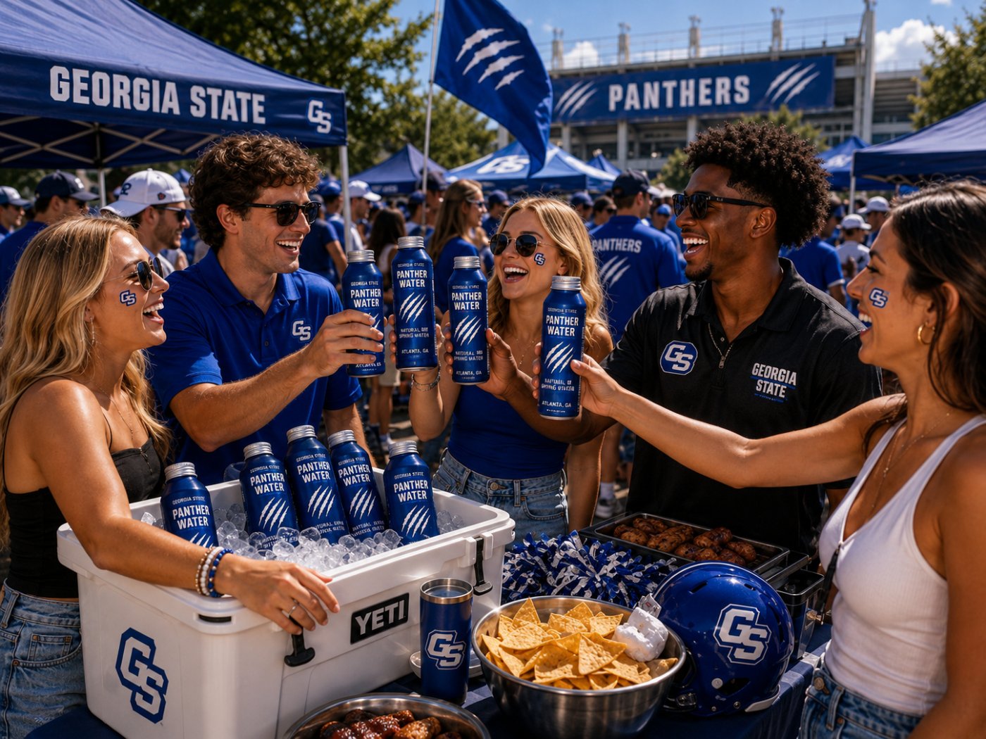 Panther-branded water at a community partner event