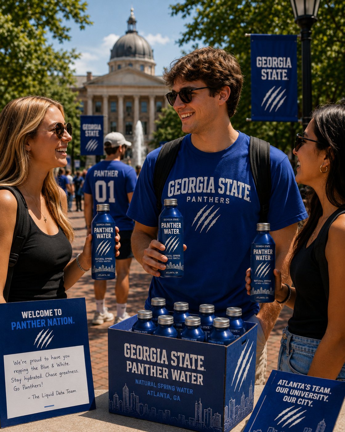 Georgia State students on campus holding Panther water cans
