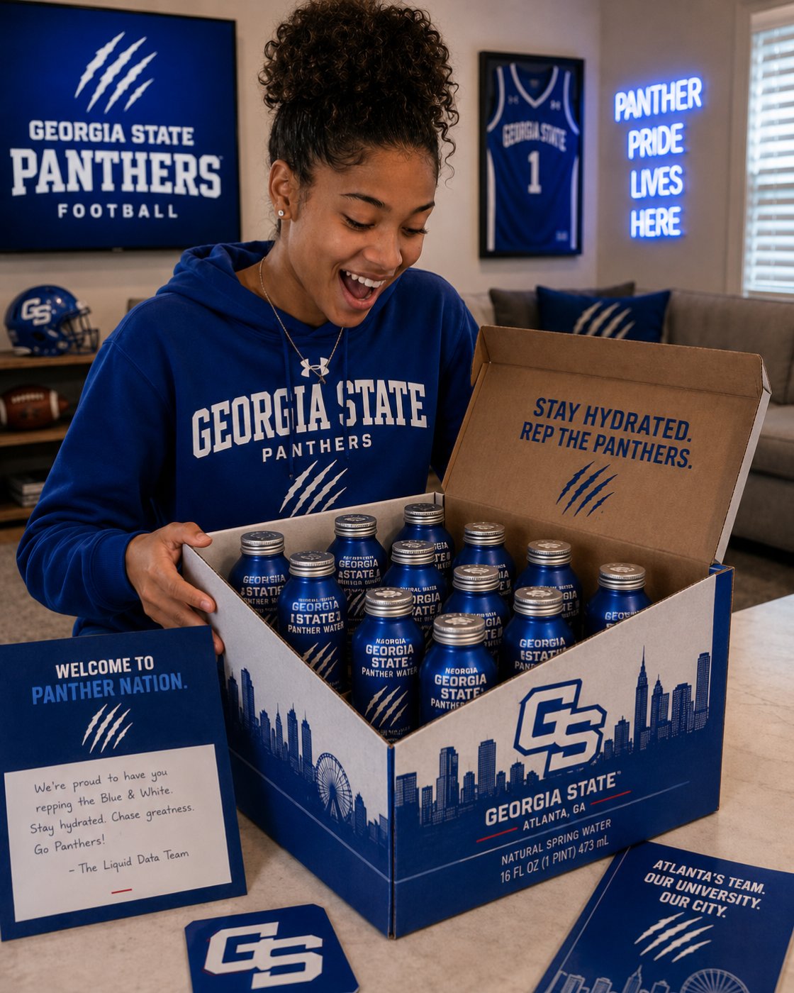 A student opening a Georgia State Panther Water welcome kit